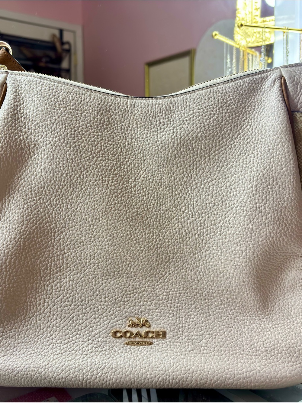 COACH Pebbled Leather Shoulder Bag in Cream with Gold Hardware